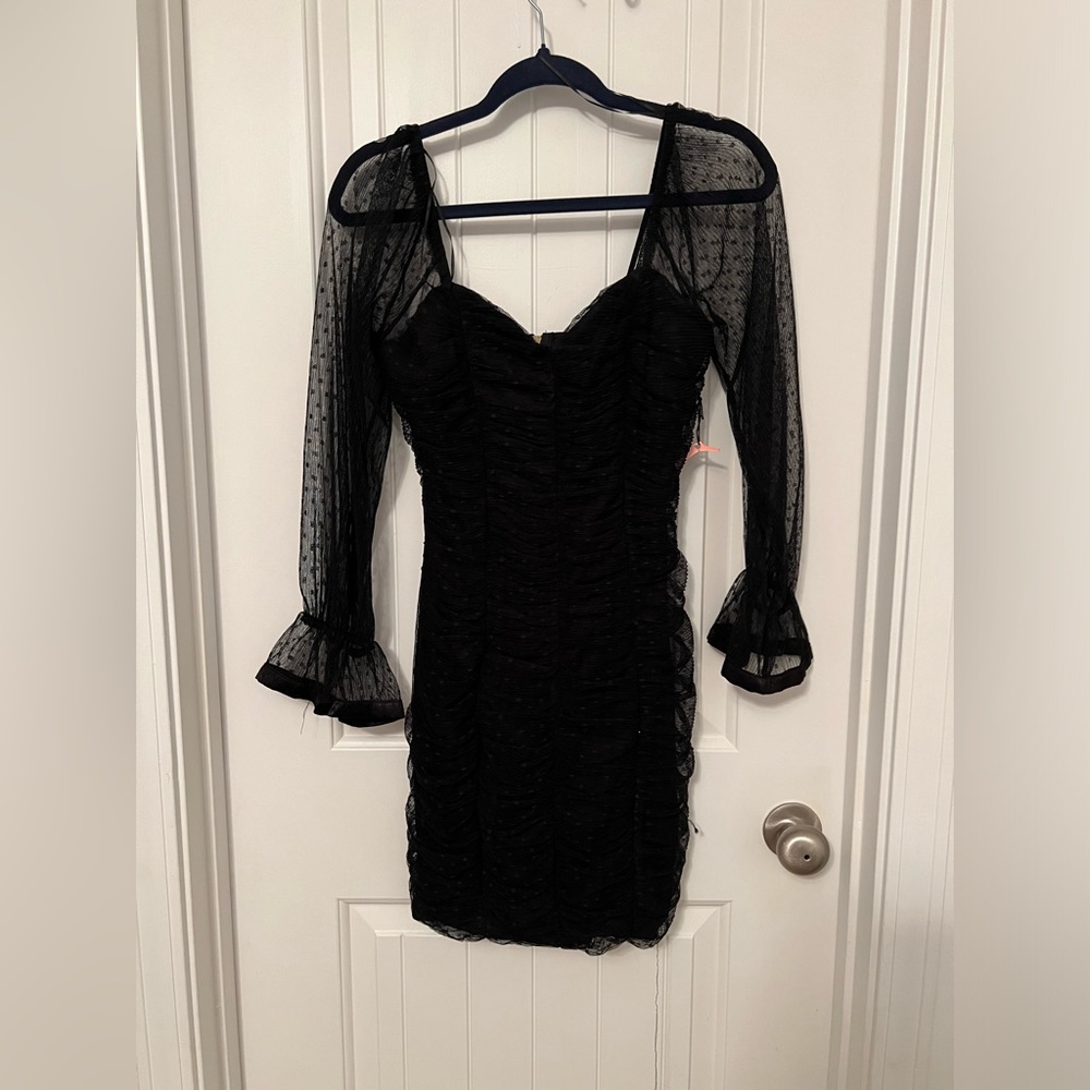 Haute Monde Ruched Mesh Mini Dress Long Sleeve Polkadot Bodycon Black Size S